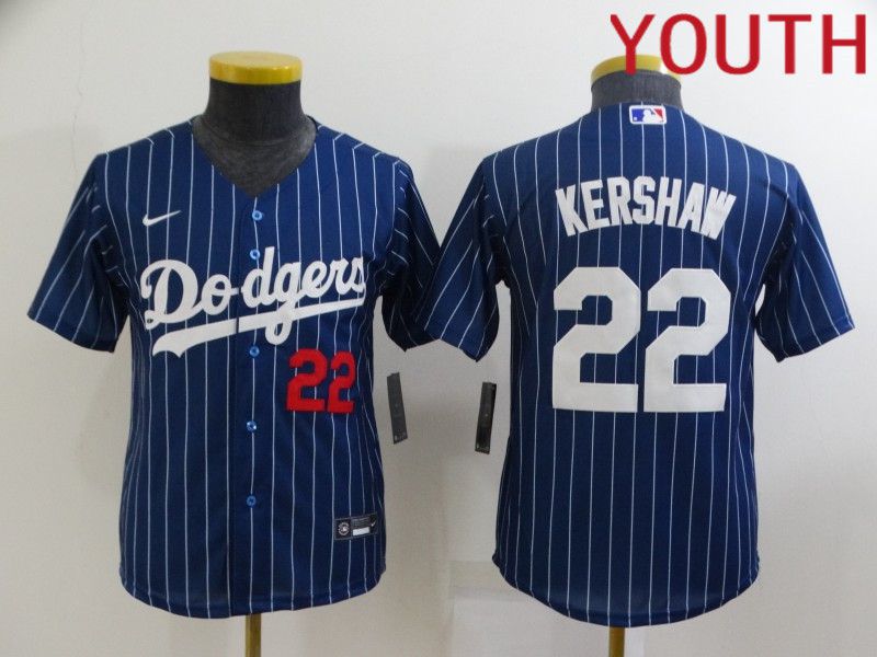Youth Los Angeles Dodgers #22 Kershaw Blue Stripe Throwback Nike 2022 MLB Jerseys